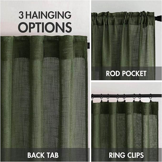MIULEE Olive Green Linen Curtains 63 Inch Length 2 Panels for Bedroom Living Room, Soft Thick Linen Textured Kitchen Window Drapes Semi Sheer Light Filtering Back Tab Rod Pocket Burlap Look Decor