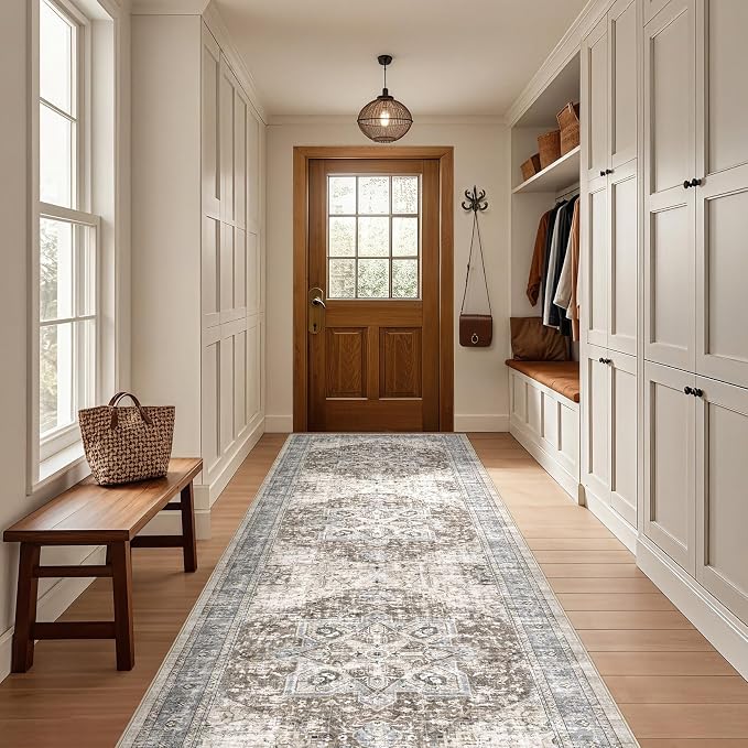 Tortania Area Rug 3x10 Runner Rugs - Washable Vintage Oriental Farmhouse Thin Indoor Carpet for Living Room Bedroom Hallway Entryway Kitchen Under Dining Table Home Office - Brown Blue