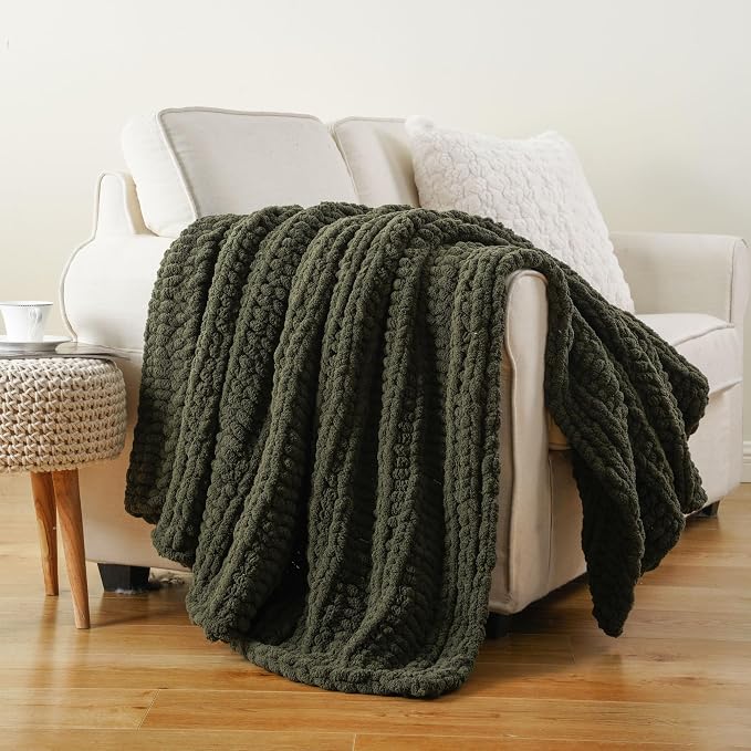 Battilo Chunky Knit Throw Blanket for Couch, 50"x60", Olive Green | Hand Knit, Gift Blanket, Cozy Warm Thick Soft Chenille Throw Blanket for Bed, Sofa, Living Room