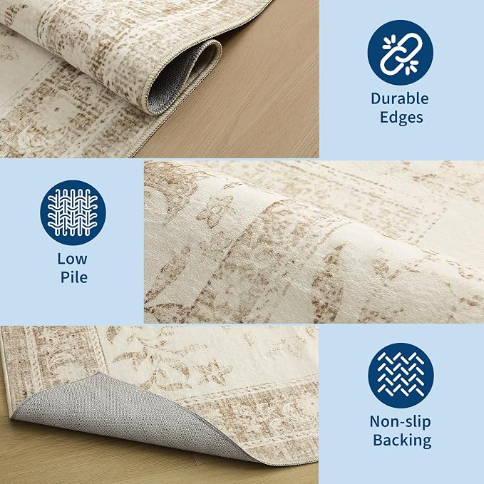 GarveeHome Vintage Beige Washable 4x6 Rug Cottage Core Retro Farmhouse Low-Pile Stain Resistant Non-Slip Rugs for Bedroom Living Room Entryway Nursery Kitchen TPE Backing