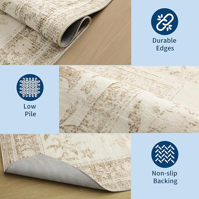 GarveeHome Vintage Beige Washable Kitchen Runner Rug: 2'6" x 8' Hallway Rug Non Slip Low-Pile Stain Resistant Cottage Core Retro Farmhouse Soft Runners for Entryway Laundry Room Beside