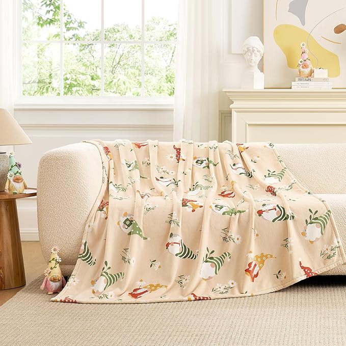 Cozy Bliss Gnome Spring Throw Blanket - Garden Daisy Floral Design, Warm MilkyPlush Throw Blankets, Ultra Soft Cozy Blankets for Couch, Sofa and Bed, Beige, 50X60inches