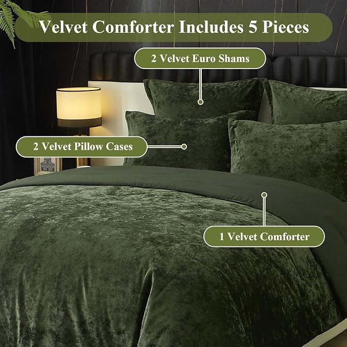 Ivellow Crushed Velvet Comforter Set Queen Green Comforter Set 5pcs Ultra Soft Lightweight Breathable Bedding Set Luxury Cozy Flannel Comforter Queen Size (1 Comforter,2 Pillow Shams, 2 Euro Shams