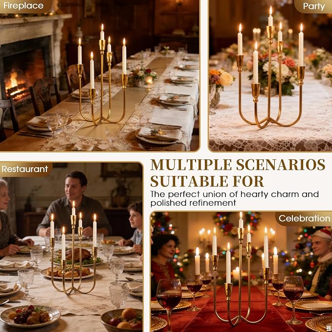 5 Arm Candelabra Cast Iron, 17.5 Inch Tall Candle Holder Antique Brass Candlestick Holder Stand for Taper Candles, Elegant Centerpiece Decor for Farmhouse, Wedding, Mantel & Dining Room