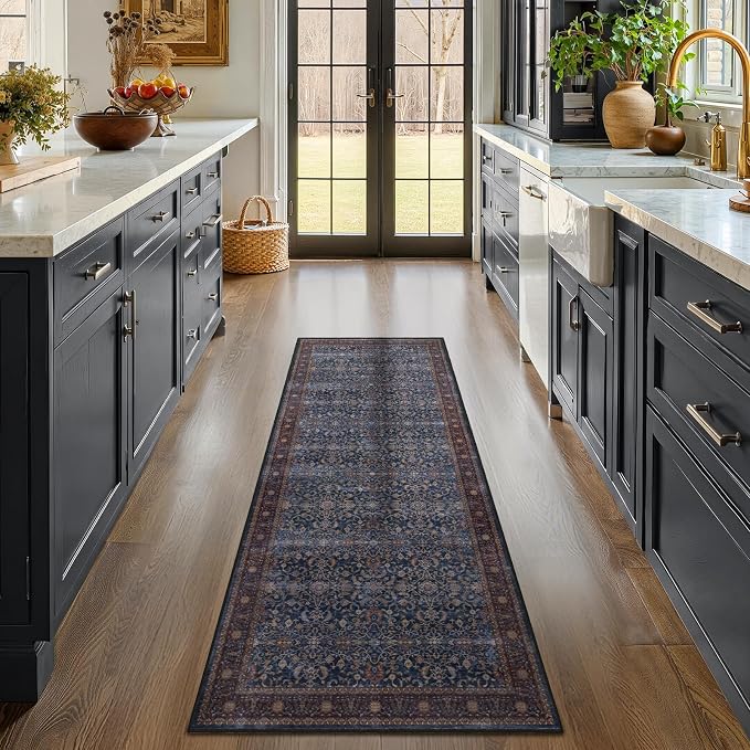 Dark Blue 2x6 Washable Runner Rug Non Slip, Old Money Aesthetic Carpet Runners for Hallway Kitchen 6ft Vintage Maximalist, Low Pile Thin Print Entryway Runner for Bathroom Mudroom Bedroom