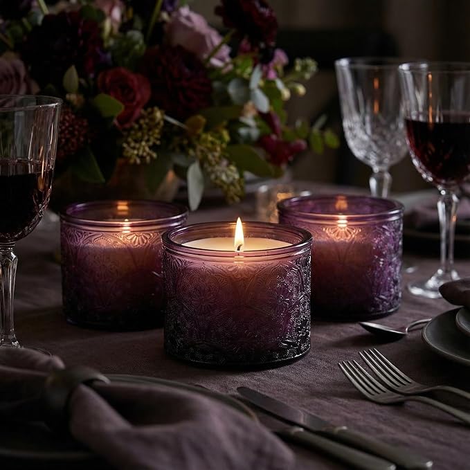 10 oz Purple Mandala Glass Candle Jars with Bamboo Lids, 9 Pack | Patented Embossed Design, Includes Wick Centering Devices & Warning Labels, Multiple Color Options