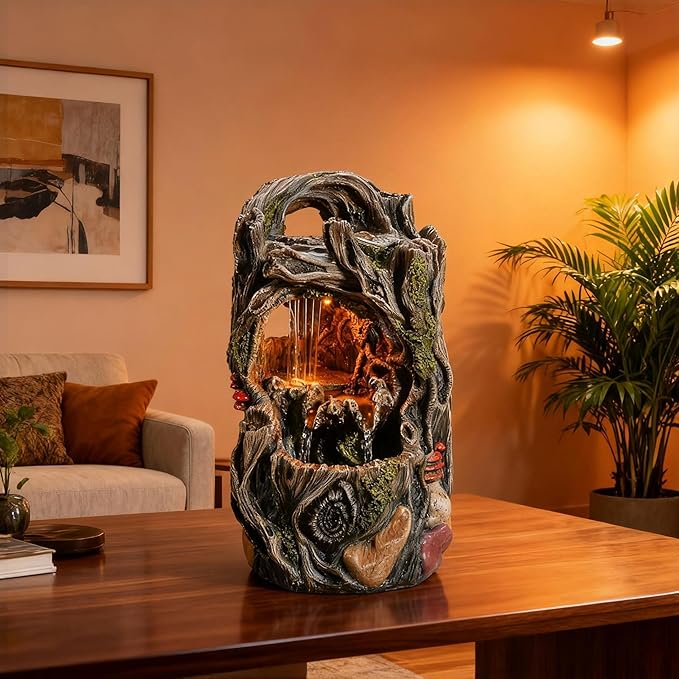 MAOCHI Tabletop Water Fountain, Home Décor Soothing Sound Machine with Automatic Pump, Nature Tree Stump Resin and for Indoor Zen Relaxation for Office, Living Room, or Bedroom Décor