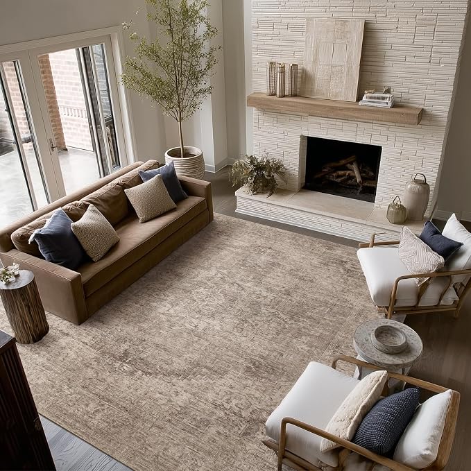 Machine Washable Rugs for Living Room: 6x9 Area Rugs for Bedroom Ultra Soft Non-Slip Low Pile Vintage Distress Boho Large Carpet for High-Traffic Dining Room - Farmhouse Decor