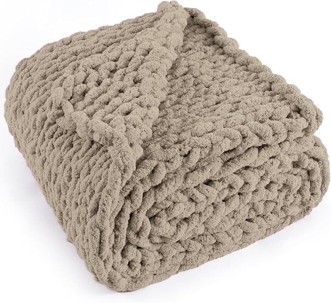 Chunky Knit Throw Blanket 60x80, 100% Handmade Chenille Yarn | 6.7lbs Soft Thick Cable Knitted Blankets, Large Rope Knot Crochet Throws for Couch Sofa Bed Machine Washable, Taupe
