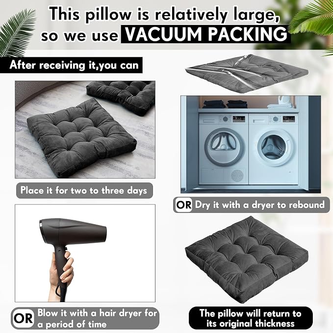 Jerify 4 Pcs Floor Pillow Cushions Large Round Square Large Meditation Floor Pillow for Classroom Adult Meditation Picnic Party Seating Learning Daycare School (Square,Dark Grey)