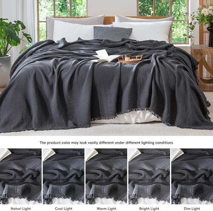 MooMee Muslin Blanket - 100% Cotton 4-Layer Gauze Throw Blanket with All-Around Fringe, Soft Breathable Lightweight Cooling Summer Blankets for Bed Couch (Dark Grey,Twin XL 66" x 90")