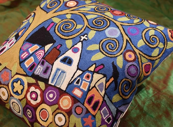 Blue Gray Tree of Life Accent Pillow Cover Karla Gerard Floral Pillowcase Village Church Floral Chair Cushion Farmhouse Pillowsham Hand Embroidered Wool Size 18x18
