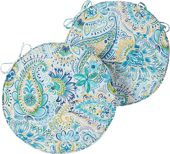 Set of 2 Outdoor 18 inch Round Patio Dining Chair Pads – Comfortable Fiber-Filled Seat Cushions with Ties, Reversible Polyester Fabric, Baltic Paisley