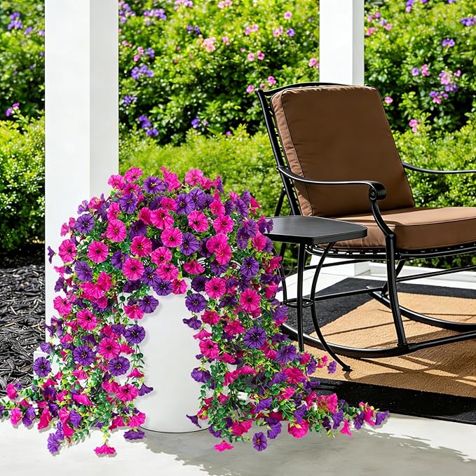 Fake Artificial Hanging Morning Glory Flowers for Outdoor Planters Porch Pation Decoration,2 Bundles UV Resistant Silk Faux Flowers with Realistic Eucalyptus Plants for Home Office Garden Decor