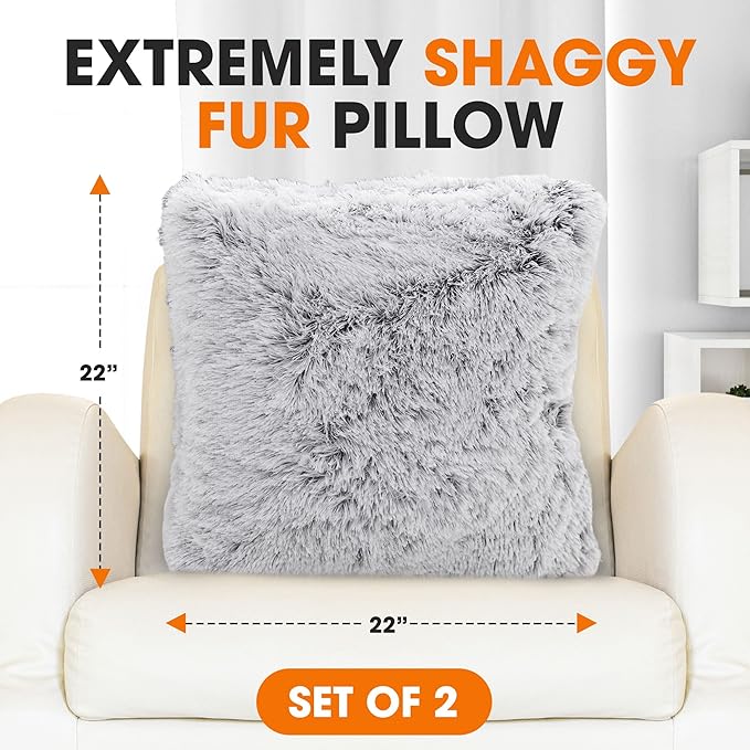 Cheer Collection Throw Pillows for Couch and Bed, Soft Shaggy Throw Pillows with Inserts Included, Cozy Long Hair Faux Fur Pillows - Set of 2-22" x 22" Gray