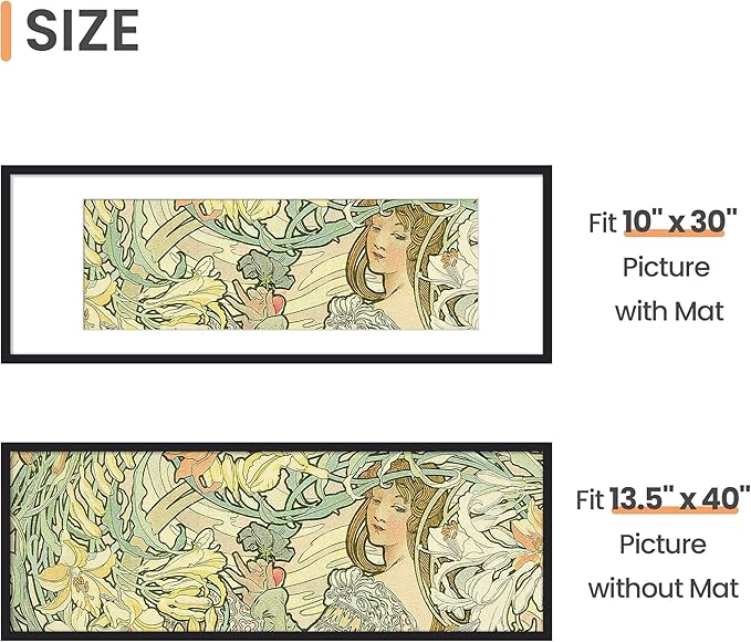 upsimples 13.5x40 Picture Frame, Display Pictures 10x30 with Mat or 13.5 x 40 Without, Wall Hanging Panoramic Frames, Black, 1 Pack