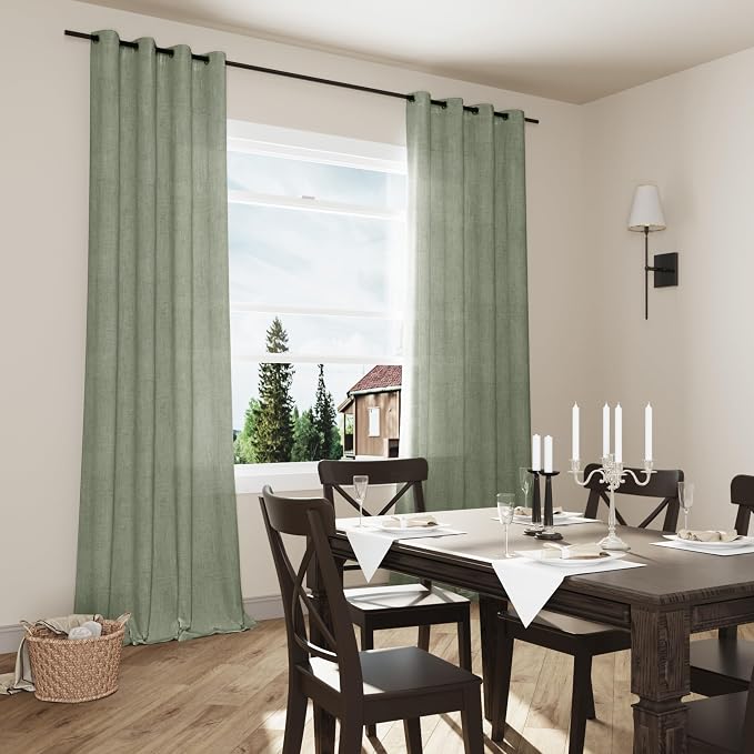 Sage Green Linen Curtains 102 Inches Long for Living Room 2 Panels Grommet Linen Drape Light Filtering Green Semi Sheer 102 Inch Curtains Spring Summer Boho Decor for Dining Room Bedroom Patio Door