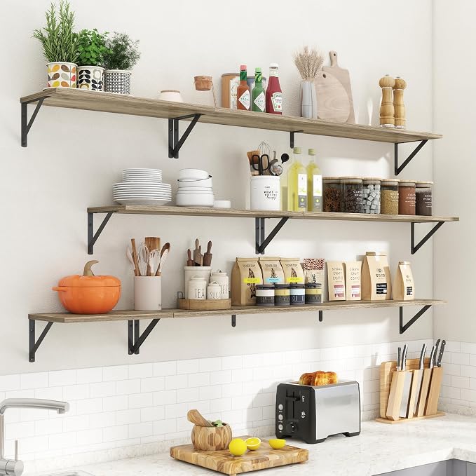 Acovy Floating Shelves for Wall,48" Wx8 D Wood Wall Shelves,Hanging Storage Floating Shelf with Metal Brackets,Wide Floating Bookshelf for Living Room,Office,Bedroom,Bathroom,Set of 2,Grey