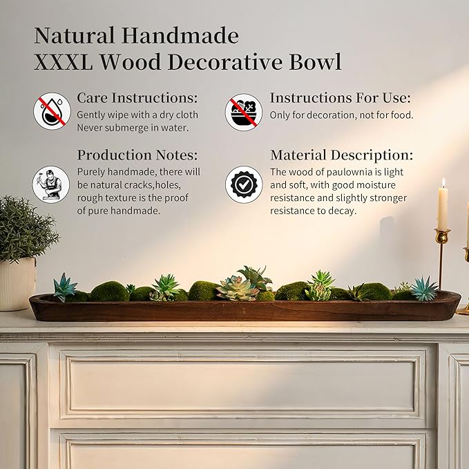 Hanobe Decorative Bowl for Entryway Decor: Large Key Holder Bowl for Coffee Table Decor - Rustic Wooden Baguette Fruit Bowl for Kitchen Counter Decor - Catch All Dough Bowl for Centerpiece