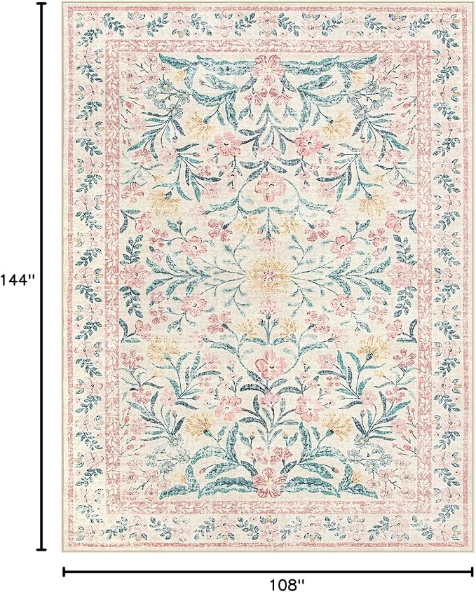Wonnitar Floral Large Rugs for Living Room, Soft Light Pink Rug Washable 9x12 Carpet Non Slip, Boho Foldable Non-Shedding Kids Carpet for Bedroom Girls Nursery Dorm Playroom