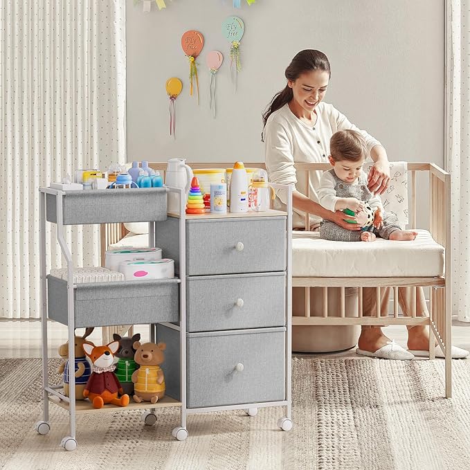 Modanais Baby Organizer and Storage - 3 Tier Rolling Cart with Dividers and Drawers, Easy To Assemble, Mobile Utility Cart with Wheels for Nursery, Bedroom, Changing Table & Crib,Light Gray