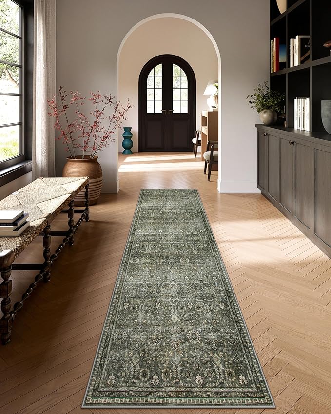 Lahome Olive Green 2x12 Runner Rug, Non Slip Green Kitchen Hallway Runner | Vintage Soft Sage Green Non Shedding Carpets for Long Hall Entrance Indoor Laundry