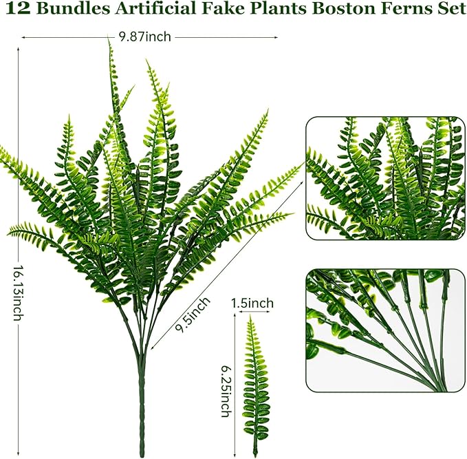Nigirior 12 Bundles Artificial Fake Plants for Outdoor Faux Boston Fern for Home Decor UV Resistant Fake Plants Greenery for Front Porch Planter Indoor or Outdoor (Green)