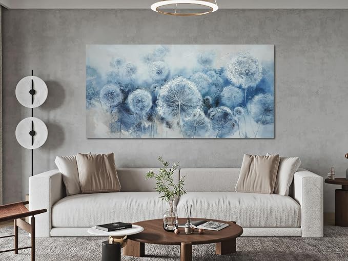 Arjun Large Wall Ar for Living Room, Dandelion Painting Flower Indigo Floral Canvas Art Wall Decor, Blue and White Textured Bedroom Artwork Framed for Home Office Oversize 58"x29"