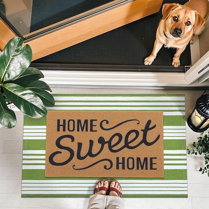 OLANLY Green and White Classic Striped Rug 3' x 5' – Washable Cotton Indoor Outdoor Doormat for Front Door, Entryway, Kitchen, Porch, Patio Decor