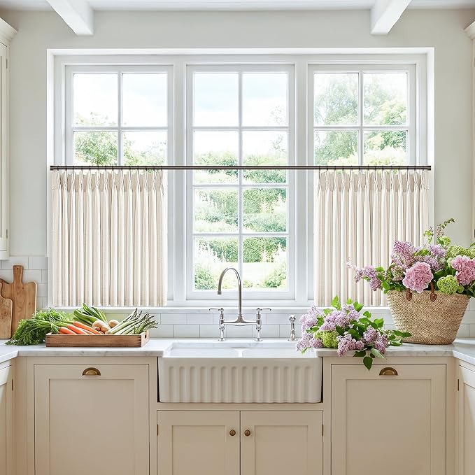 24 Inch Natural Pleated Linen Curtains for Kitchen 2 Panels Light Filtering Farmhouse Neutral Linen Textured Cafe Curtain with Hooks Rings Back Tab Memory Trained Short Drapes for Dining Room