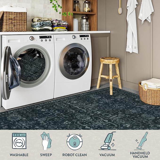 Lahome 9x12 Black Moody Rug for Living Room, Dark Academia Basement Rug | Vintage Washable Non Slip Non Shedding Soft Carpet for Dining Room Bedroom