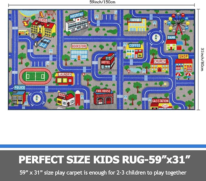 Capslpad Blue Car Road Kid Rug Carpet Playmat for Playoom Traffic Road Kids Play Mat for Toddler Non Slip Washable City Map Race Track Carpet Rug for Kids Room Bedroom Nursery Room Decor,5'x2.7'