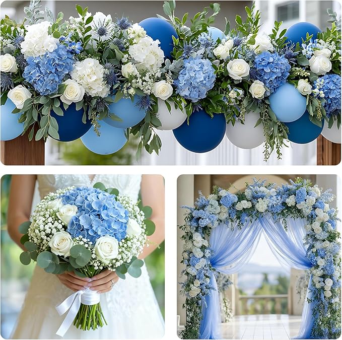 4 Pcs Artificial Hydrangea Silk Flowers with Stems, 19.7" Blue Faux Hydrangeas Bouquet, 240 Petals, UV Resistant & Waterproof Fake Flower for Outdoor Wedding Home Decor