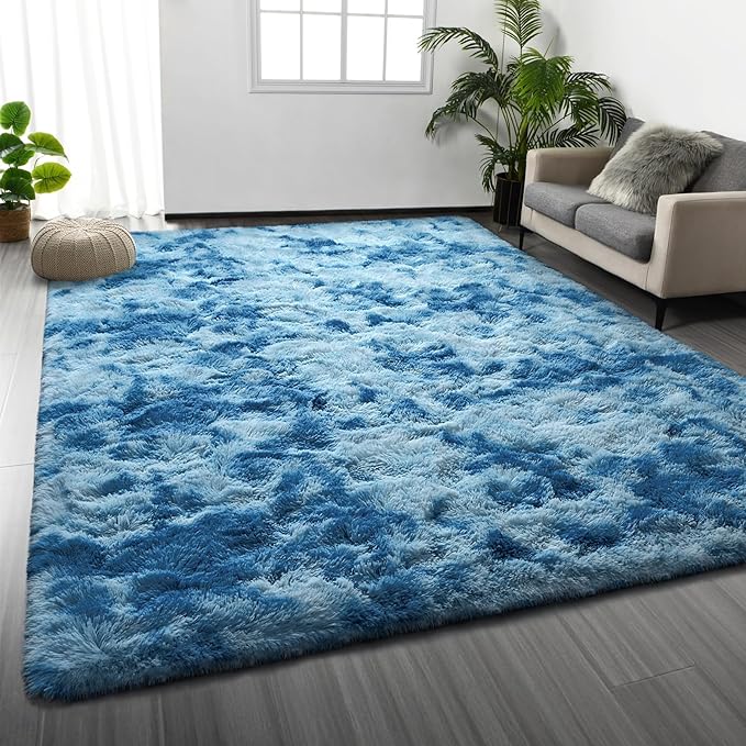 Deerhoo Large Shag Area Rugs 5 x 8, Tie-Dyed Plush Fuzzy Rugs for Living Room, Ultra Soft Fluffy Furry Rug for Bedroom, Indoor Carpet Nursery Rugs for Kids Room Home Decor, Bright Blue