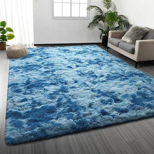 Deerhoo Large Shag Area Rugs 6 x 9, Tie-Dyed Plush Fuzzy Rugs for Living Room, Ultra Soft Fluffy Furry Rug for Bedroom, Indoor Carpet Nursery Rugs for Kids Room Home Decor, Bright Blue