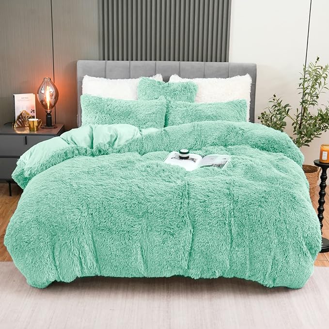Fluffy Plush Duvet Cover Set Queen Size, Luxury Ultra Soft Velvet Fuzzy Comforter Cover Bed Sets 4Pcs(1 Faux Fur Duvet Cover + 2 Pillow Cases + 1 Pillow Cover) Zipper Closure (Queen, Aqua Green)