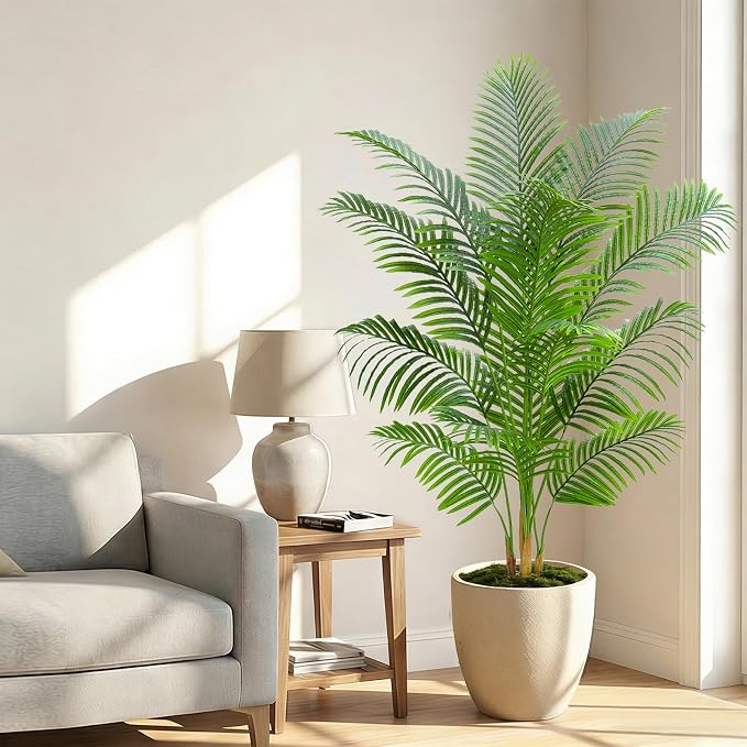 Artificial Palm Tree Plant 6FT Tall Fake Tropical Palm Tree in Pot, Real Bark Design Faux Areca Palm Tree for Home Office Living Room Bedroom Farmhouse Modern Indoor Outdoor Topiary Tree (18 Trunks)