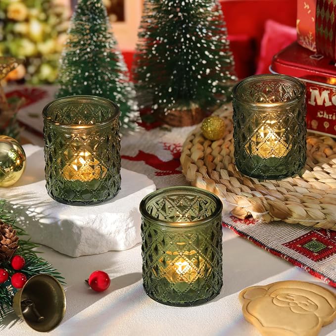 20 Pack Green Votive Candle Holders, Green Glass Candle Holder for Wedding Table Centerpiece, Glass Tea Lights Candle Holders for Baby Shower, Vintage Glass Candle Holders for Party Home Decor
