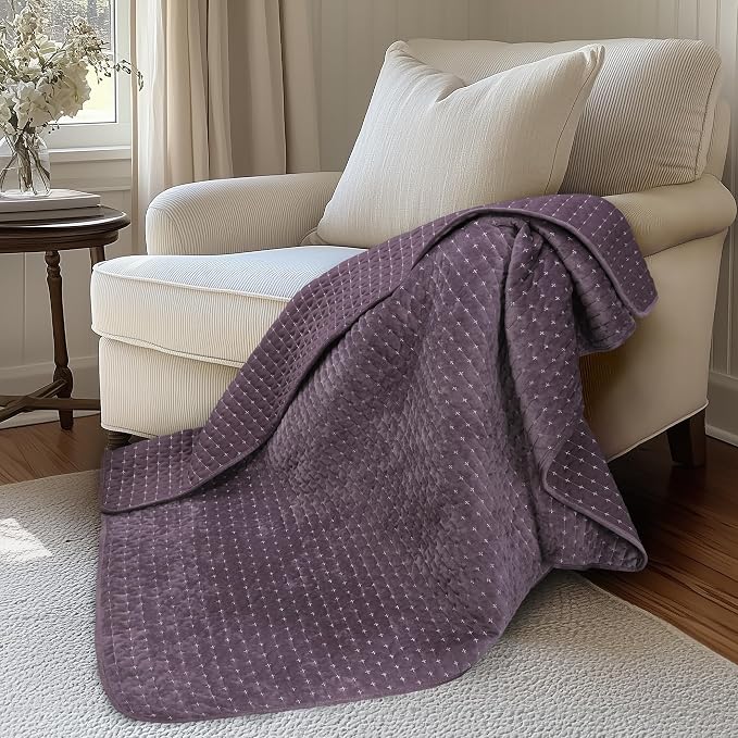 Levtex Home - Velvet Stitch - Throw - Cross Stitch Velvet - Plum with White - Quilt (50x60in.) and Sham 50x60in. - Polyester