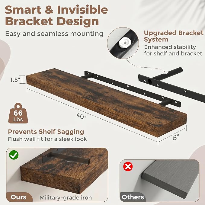 40 Inch Floating Shelves for Wall, 8"D Wood Storage Shelves, Brown Finish | Engineered Wood, Invisible Bracket, Large Storage, Easy Install, Hold Up to 66lbs, Living Room, Bathroom, Bedroom, Kitchen