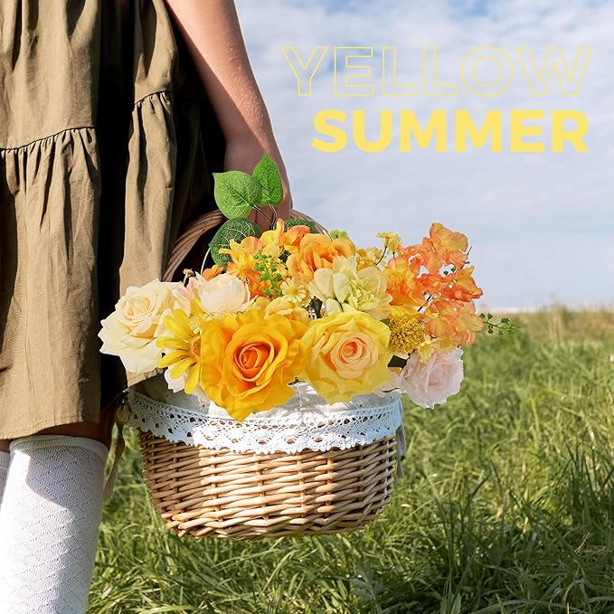 Artificial Flowers Combo Box, 31PCS Fake Flowers, Silk Flower Mix with Wire Stem, DIY Wedding Bridal Bouquet for Arrangement, Shower Party Home Décor | Golden Yellow & Ivory Mix