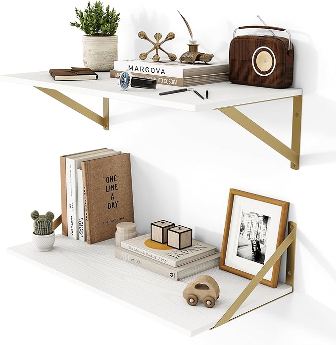 Heimlove Deep Floating Shelves for Wall, 24W x 12D Wood Wall Shelves Set of 2, Wide Floating Bookshelf for Living Room, Kitchen, Office, Bedroom and Decor Storage, with Golden Bracket - White & Gold