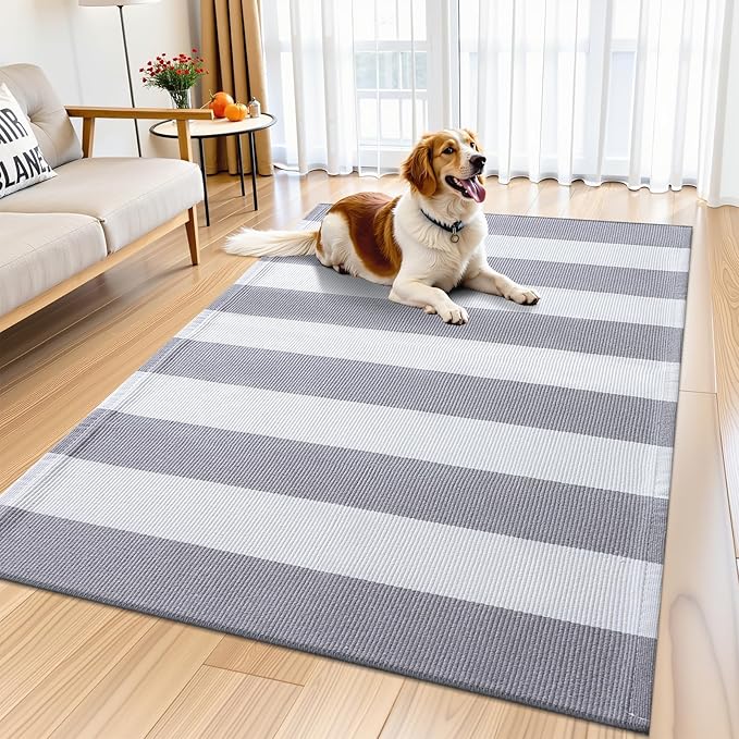 OLANLY Grey and White Striped Rug 3' x 5' – Washable Cotton Indoor Outdoor Doormat for Front Door, Entryway, Kitchen, Porch, Patio Decor