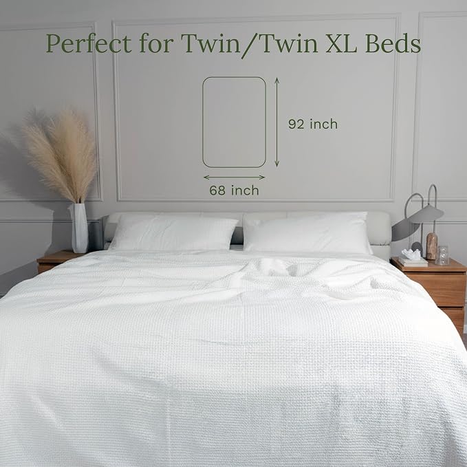 Organic Cotton White Twin Blanket - Waffle Weave, 100% Organic Cotton, Breathable, Lightweight Blanket for Twin and Twin XL Beds - Blanket for Kids, Toddlers and Teens - 68”x92” (White - Twin/Twin XL)