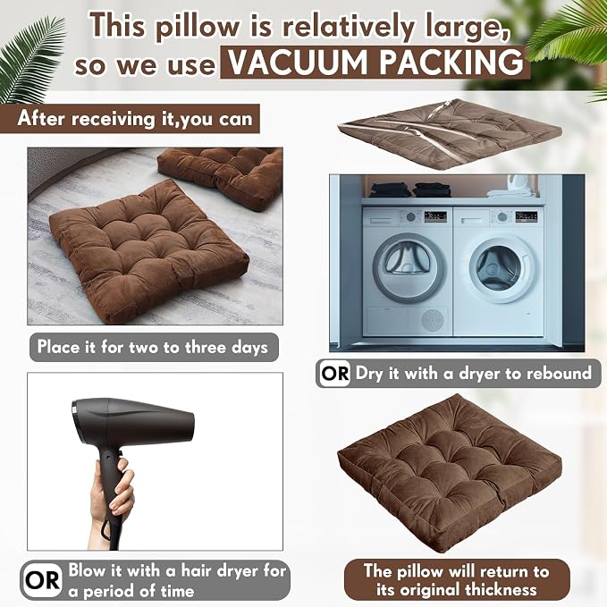 Jerify 4 Pcs Floor Pillow Cushions Large Round Square Large Meditation Floor Pillow for Classroom Adult Meditation Picnic Party Seating Learning Daycare School (Square,Brown)