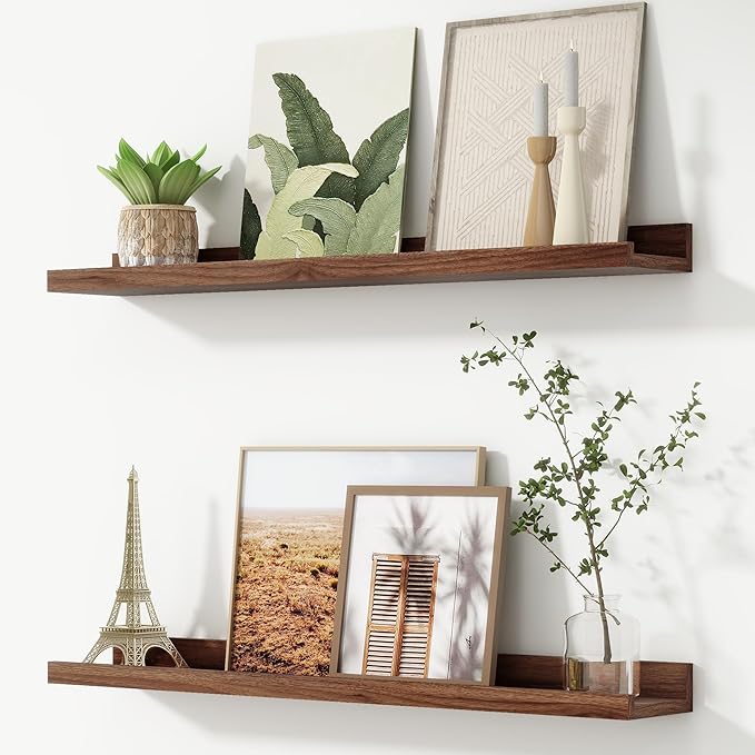 FLYJOE Picture Ledge Shelf, Floating Shelves Set of 2, 32 Inches Nursery Book Shelves for Toys Storage, Kids Bookshelf Wall Mounted for Living Room Bedroom Decor Books Photo Frames, Rustic Brown