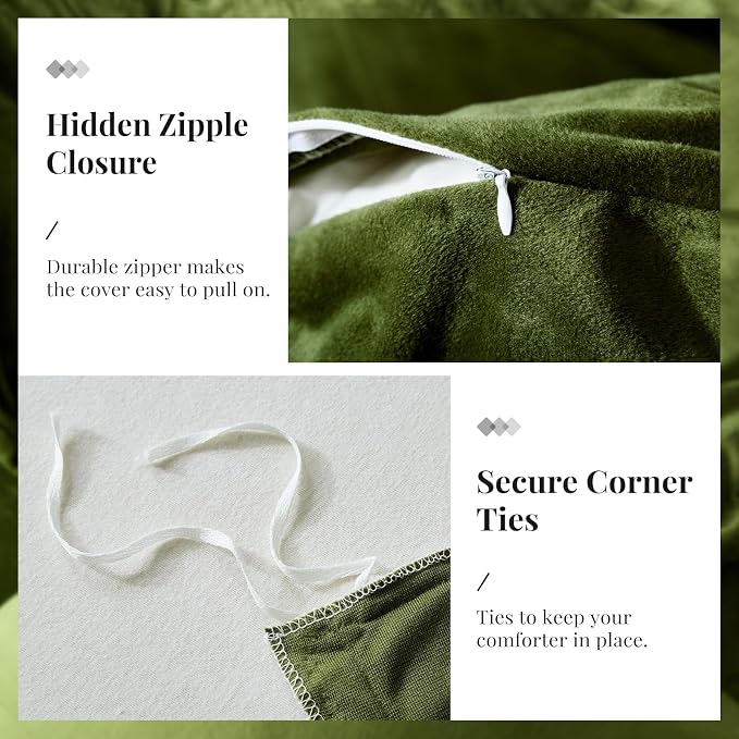 WARMDERN Olive Green Flannel Velvet Duvet Cover Queen Size Duvet Cover Bedding Sets, 3pcs Ultra Soft Luxury Textured Modern Crystal Velvet Duvet Covers with Zipper Closure(Olive Green, Queen)
