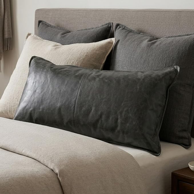 Genuine Leather Pillow Cover Case for Lumbar Throw Couch Pillows - Modern Farmhouse Decorative Sofa Thick & Soft Cushion Covers (Forest Green, 12" x 20")