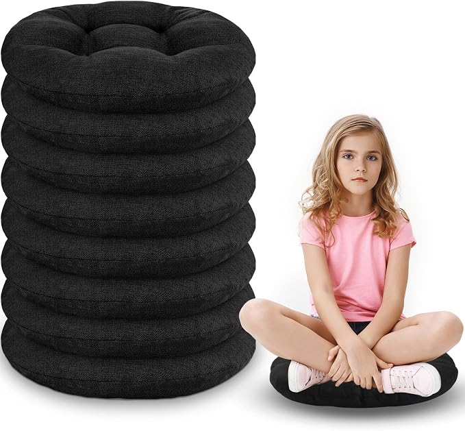 Fumete 8 Pcs 16 Inch Floor Cushions Pillow for Kids Bulk Classroom Round Flexible Seating Floor Cushions for Students Home Daycare School Reading Corner Yoga Meditation Picnic (Black)