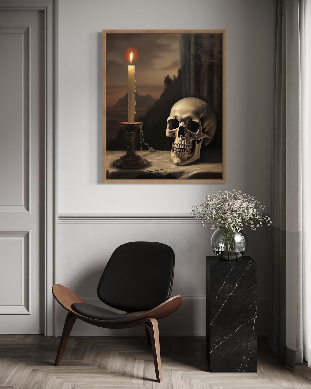 Skull and Candle Poster Art Print, Halloween Scary Vintage Wall Art Academia Spooky Painting Decoration for Horror Prints, Gothic Posters Bedroom Decor 89 (Skull and Candle, 8 x 10 inches, Wood Frame)